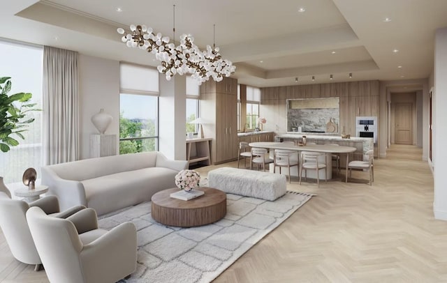 2360 Rice Blvd Unit 701, Houston, TX 77005 - living area featuring a raised ceiling, recessed lighting, and a chandelier