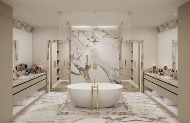 2360 Rice Blvd Unit 701, Houston, TX 77005 - bathroom with marble tiled floors, vanity, a freestanding tub, and a marble finish shower