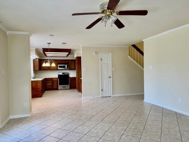 15326 Lindita Dr, Houston, TX 77083 - unfurnished living room with a sink, crown molding, ceiling fan, light tile patterned floors, and baseboards