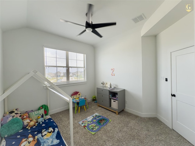 31334 Balsam Hawk Ln, Hockley, TX 77447 - carpeted bedroom with a ceiling fan, vaulted ceiling, and baseboards