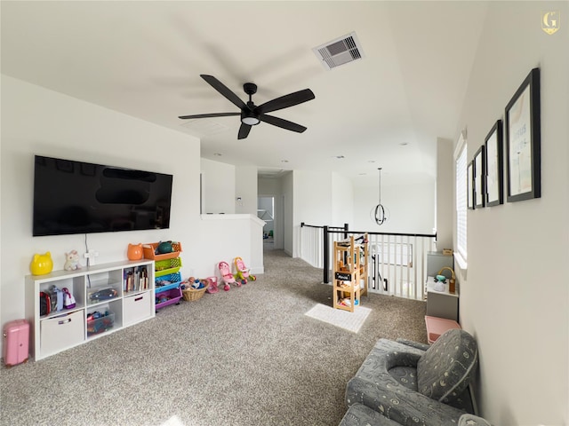 31334 Balsam Hawk Ln, Hockley, TX 77447 - rec room featuring a ceiling fan and carpet floors