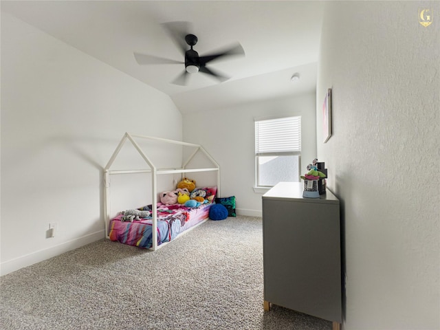 31334 Balsam Hawk Ln, Hockley, TX 77447 - bedroom featuring carpet floors, baseboards, ceiling fan, and vaulted ceiling