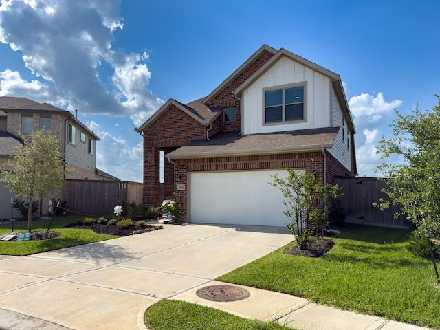 31334 Balsam Hawk Ln, Hockley, TX 77447 - traditional-style home featuring brick siding, driveway, board and batten siding, and a garage