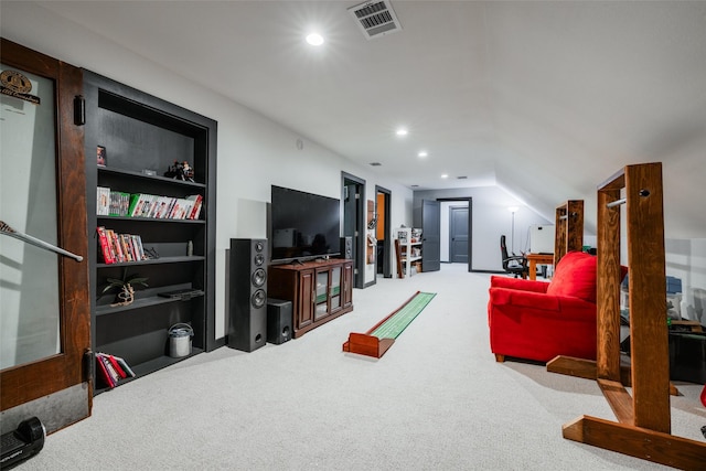 35 Disher Cir, Huffman, TX 77336 - carpeted living room featuring recessed lighting and lofted ceiling