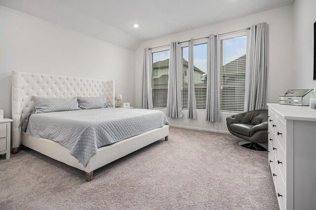 705 Western Fern, League City, TX 77573 - bedroom featuring light carpet, lofted ceiling, and recessed lighting