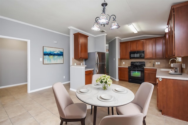 3219 Forest Willow Ln, Houston, TX 77068 - dining space with crown molding, lofted ceiling, a chandelier, light tile patterned flooring, and baseboards