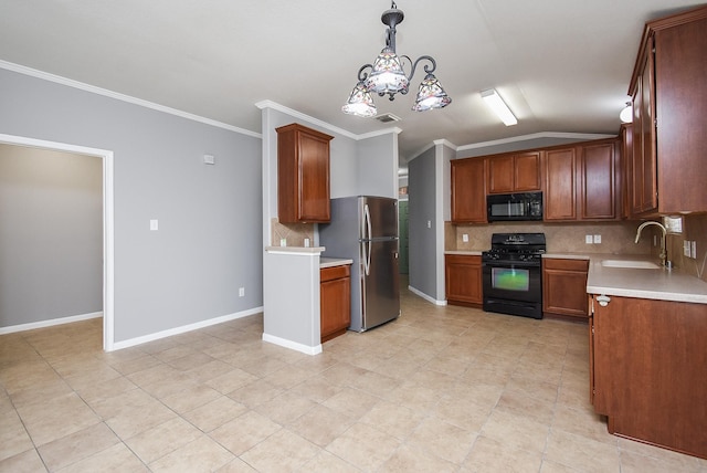 3219 Forest Willow Ln, Houston, TX 77068 - kitchen featuring black appliances, a sink, tasteful backsplash, crown molding, and light countertops