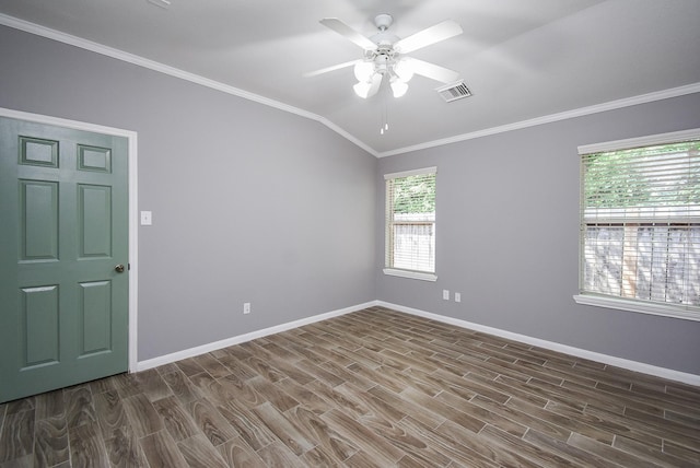 3219 Forest Willow Ln, Houston, TX 77068 - unfurnished room featuring wood finished floors, vaulted ceiling, crown molding, ceiling fan, and baseboards