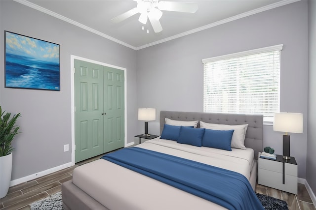 3219 Forest Willow Ln, Houston, TX 77068 - bedroom with baseboards, wood finished floors, a closet, crown molding, and ceiling fan