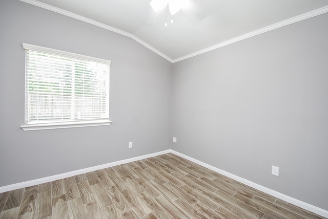 3219 Forest Willow Ln, Houston, TX 77068 - unfurnished room with ornamental molding, a ceiling fan, wood finished floors, baseboards, and vaulted ceiling