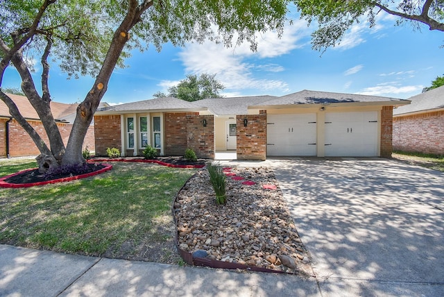 7418 Dew Mist Ln, Houston, TX 77095 - ranch-style home with driveway, brick siding, an attached garage, and a front lawn