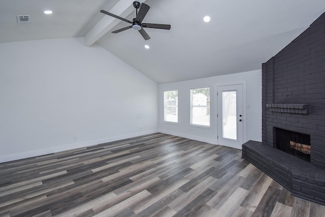7418 Dew Mist Ln, Houston, TX 77095 - unfurnished living room featuring a fireplace, wood finished floors, ceiling fan, baseboards, and recessed lighting