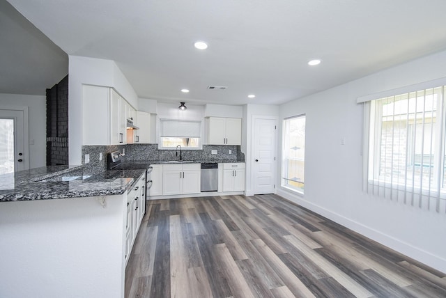 7418 Dew Mist Ln, Houston, TX 77095 - kitchen with a sink, stainless steel appliances, decorative backsplash, white cabinets, and dark wood-style floors