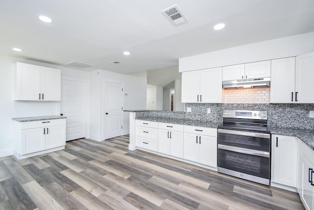 7418 Dew Mist Ln, Houston, TX 77095 - kitchen featuring double oven range, under cabinet range hood, backsplash, white cabinetry, and recessed lighting