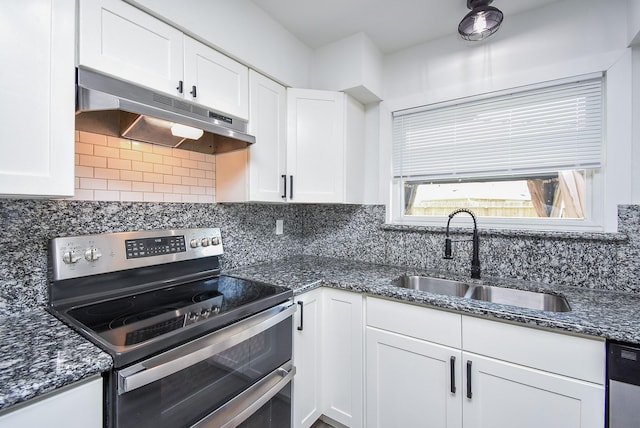 7418 Dew Mist Ln, Houston, TX 77095 - kitchen featuring appliances with stainless steel finishes, under cabinet range hood, a sink, white cabinets, and dark stone counters