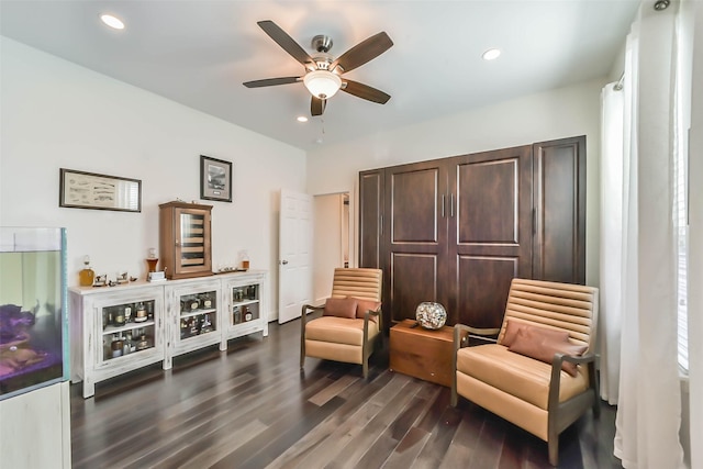 4530 Woodside St, Houston, TX 77023 - sitting room with dark wood-type flooring, a ceiling fan, and recessed lighting