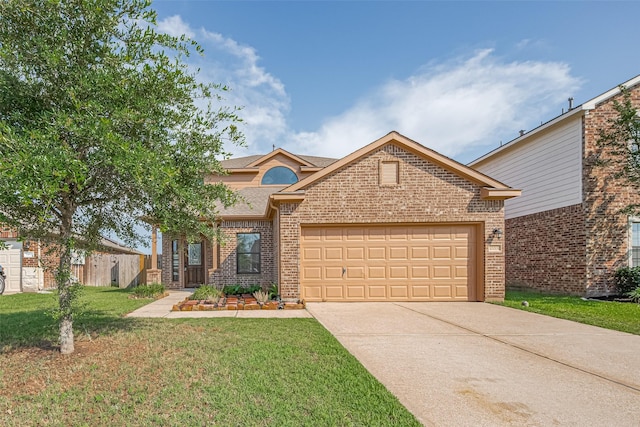 10015 Black Birch Ln, Tomball, TX 77375 - view of front of home featuring brick siding, an attached garage, concrete driveway, a front lawn, and a shingled roof