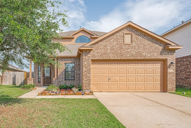 10015 Black Birch Ln, Tomball, TX 77375 - traditional home featuring brick siding, a garage, concrete driveway, and a front lawn