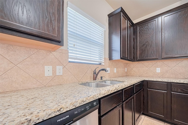 10015 Black Birch Ln, Tomball, TX 77375 - kitchen with a sink, dark brown cabinetry, stainless steel dishwasher, and decorative backsplash