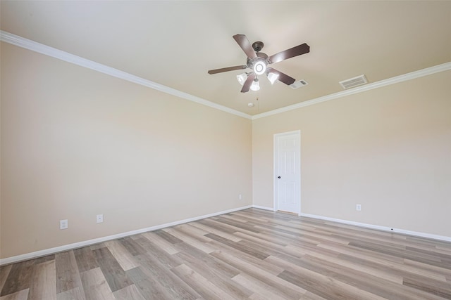 10015 Black Birch Ln, Tomball, TX 77375 - empty room featuring a ceiling fan, light wood-type flooring, baseboards, and crown molding