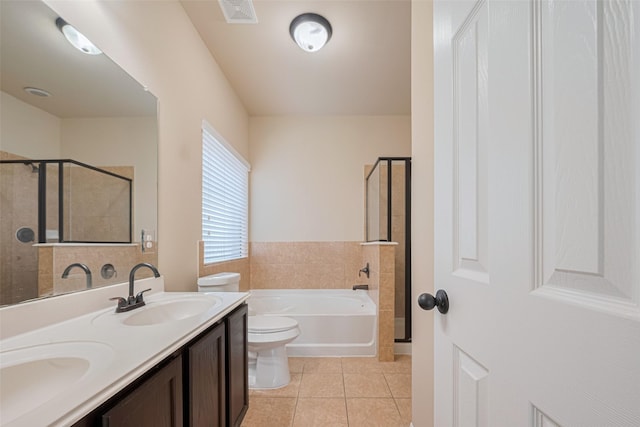 10015 Black Birch Ln, Tomball, TX 77375 - bathroom with toilet, tile patterned flooring, a shower stall, a bath, and double vanity