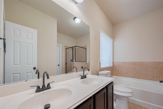 10015 Black Birch Ln, Tomball, TX 77375 - full bath with toilet, a bath, a stall shower, double vanity, and tile patterned floors