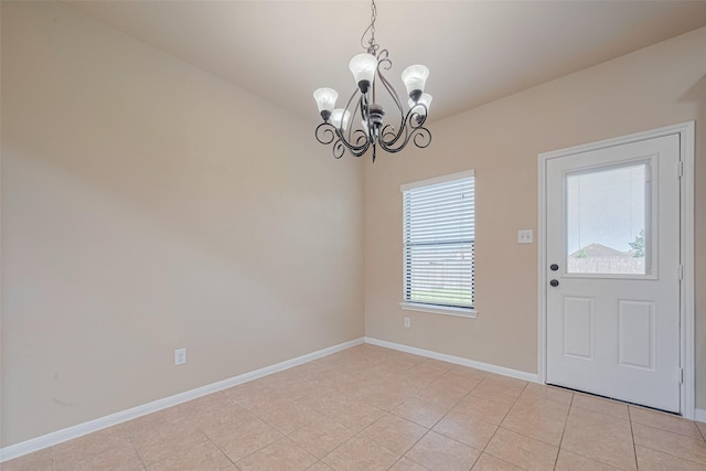 10015 Black Birch Ln, Tomball, TX 77375 - unfurnished dining area with a chandelier, baseboards, and light tile patterned flooring