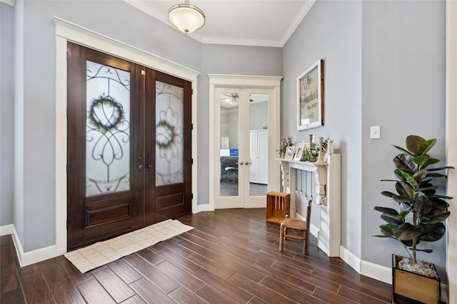 5219 Camp Creek Rd, Baytown, TX 77523 - entryway featuring french doors, baseboards, dark wood-style flooring, and ornamental molding