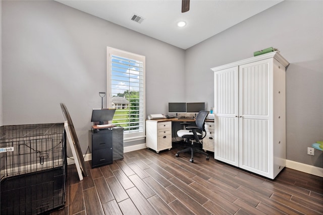 5219 Camp Creek Rd, Baytown, TX 77523 - office space with baseboards, dark wood-style flooring, ceiling fan, healthy amount of natural light, and recessed lighting