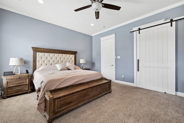 5219 Camp Creek Rd, Baytown, TX 77523 - carpeted bedroom featuring a barn door, crown molding, baseboards, recessed lighting, and ceiling fan