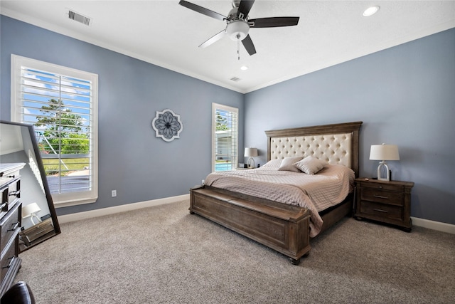 5219 Camp Creek Rd, Baytown, TX 77523 - bedroom with carpet, baseboards, ornamental molding, ceiling fan, and recessed lighting