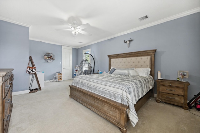 5219 Camp Creek Rd, Baytown, TX 77523 - bedroom featuring light carpet, crown molding, baseboards, and ceiling fan