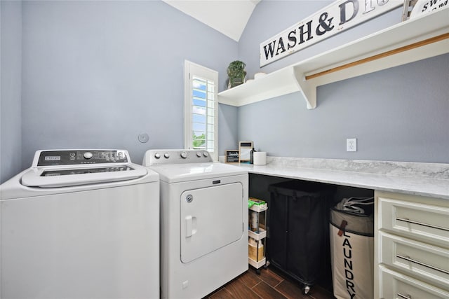 5219 Camp Creek Rd, Baytown, TX 77523 - washroom with separate washer and dryer and dark wood-type flooring