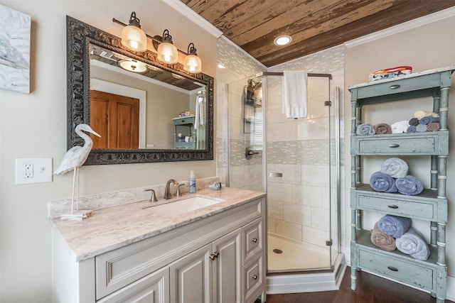 1414 Mechanic St, Galveston, TX 77550 - bathroom with wooden ceiling, vanity, a stall shower, crown molding, and recessed lighting
