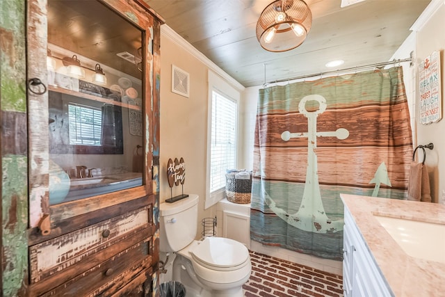1414 Mechanic St, Galveston, TX 77550 - bathroom with vanity, brick floors, crown molding, toilet, and a shower with shower curtain