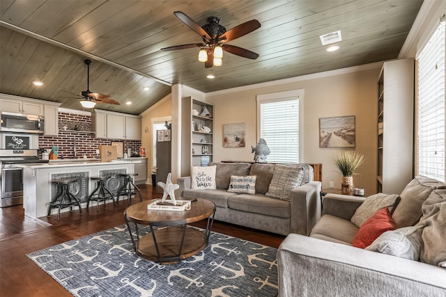1414 Mechanic St, Galveston, TX 77550 - living room with ceiling fan, plenty of natural light, wooden ceiling, dark wood-style flooring, and recessed lighting