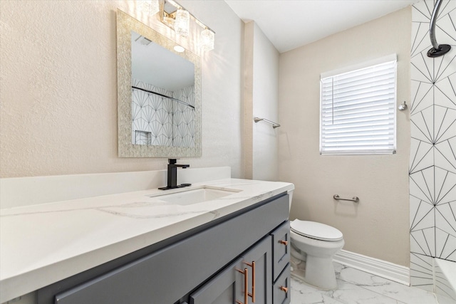 905 E 39th St, Houston, TX 77022 - bathroom featuring vanity, a shower with curtain, toilet, marble finish floors, and baseboards