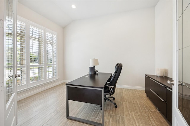 2314 Umber Oaks Ln, Brookshire, TX 77423 - office area featuring baseboards, french doors, recessed lighting, and lofted ceiling