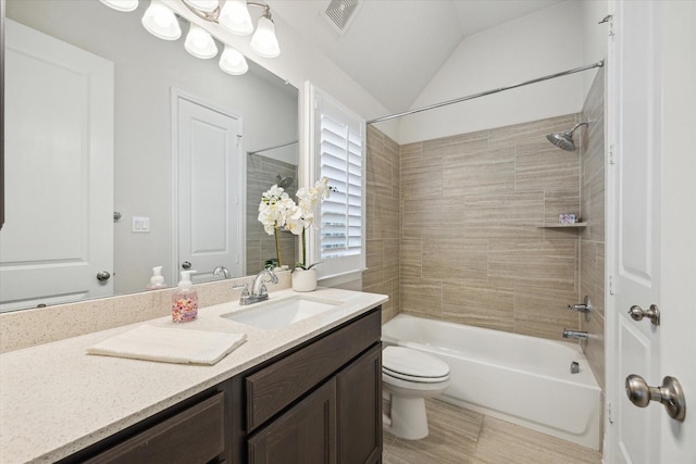 2314 Umber Oaks Ln, Brookshire, TX 77423 - full bathroom featuring vanity, toilet, washtub / shower combination, and lofted ceiling