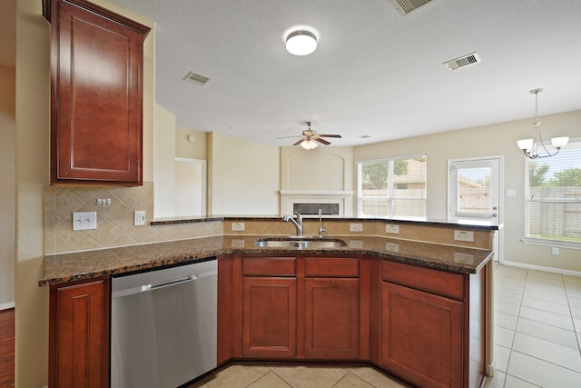 8727 Debbie Terrace Dr, Cypress, TX 77433 - kitchen with dishwasher, a sink, ceiling fan, and healthy amount of natural light
