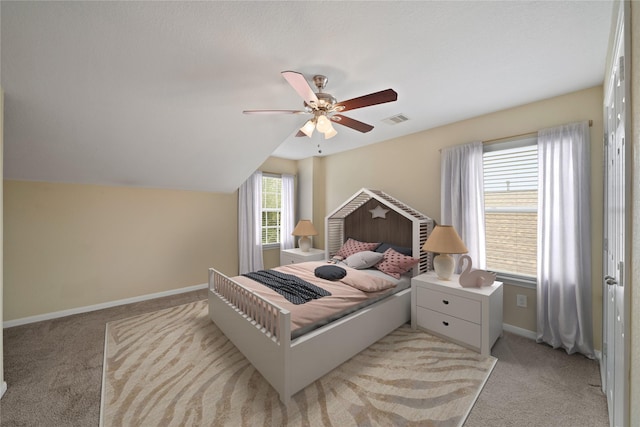 8727 Debbie Terrace Dr, Cypress, TX 77433 - bedroom featuring light colored carpet, baseboards, ceiling fan, and lofted ceiling