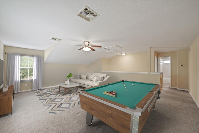 8727 Debbie Terrace Dr, Cypress, TX 77433 - rec room featuring carpet, ceiling fan, baseboards, pool table, and lofted ceiling
