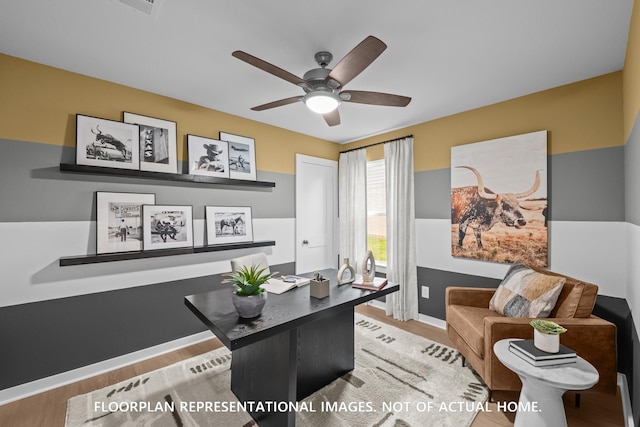 8043 Kay Harbor Dr, Cypress, TX 77433 - home office with wood finished floors, a ceiling fan, and baseboards