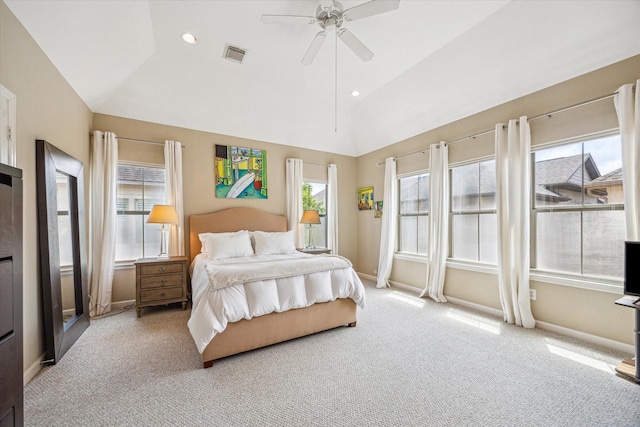 574 Bomar St, Houston, TX 77006 - carpeted bedroom featuring lofted ceiling, baseboards, recessed lighting, and ceiling fan