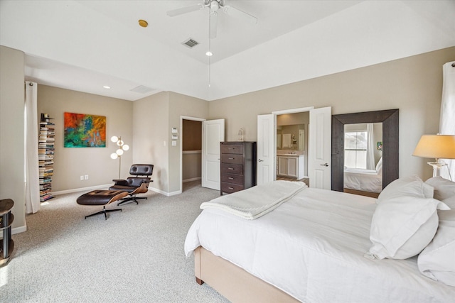 574 Bomar St, Houston, TX 77006 - carpeted bedroom with baseboards, a ceiling fan, connected bathroom, and a high ceiling