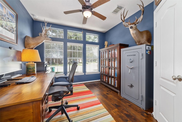 25303 Hall Meadow Ln, Katy, TX 77494 - office with hardwood / wood-style flooring, ceiling fan, and baseboards