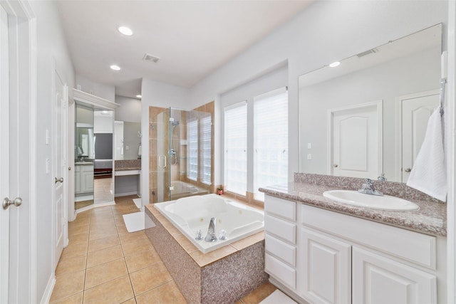 25303 Hall Meadow Ln, Katy, TX 77494 - full bathroom featuring a stall shower, vanity, a whirlpool tub, tile patterned flooring, and recessed lighting