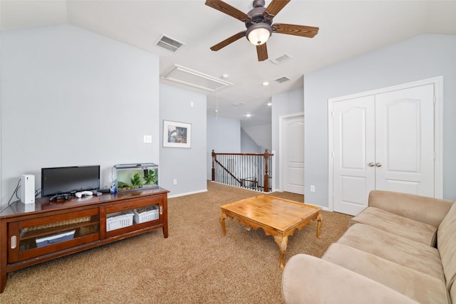 25303 Hall Meadow Ln, Katy, TX 77494 - carpeted living room with attic access, a ceiling fan, and vaulted ceiling