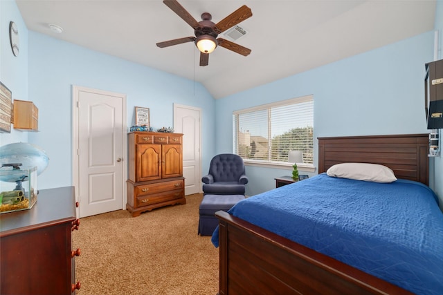 25303 Hall Meadow Ln, Katy, TX 77494 - bedroom featuring light carpet, lofted ceiling, and a ceiling fan