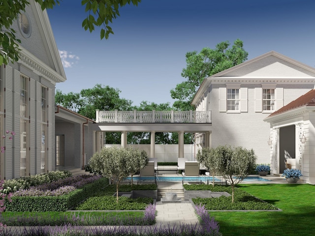 10 Courtlandt Pl, Houston, TX 77006 - back of property featuring a balcony and an outdoor pool
